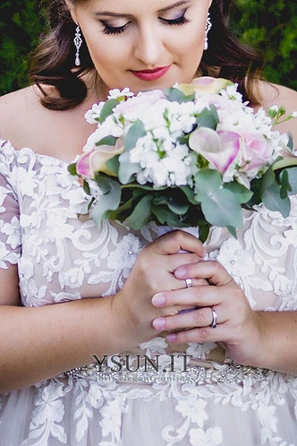 Abito da sposa Fuori dalla spalla Maniche Corte A-Line Spiaggia Cerniera - Pagina 3