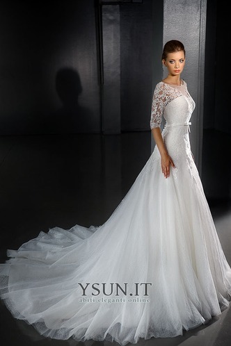 Abito da sposa Lungo Bateau A-Line Primavera trendiness Maniche a 3/4 - Pagina 1