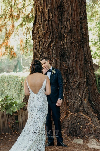 Abito da sposa Pizzo foglia guaina Schiena Nuda Senza Maniche Profondo scollo a v - Pagina 5