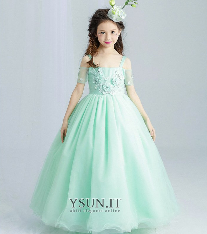 Abito cerimonia bambina A Line Primavera Maniche Corte Cappellini Alle Caviglie www.ysun