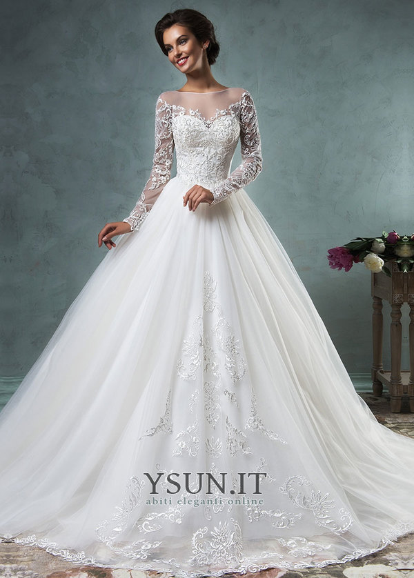 Abito Da Sposa Tradizionali Tulle Naturale In Pizzo Maniche Lunghe Www Ysun It