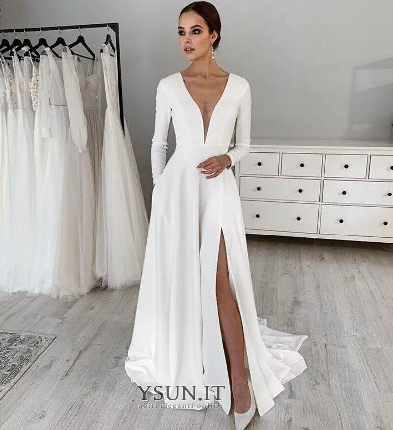 Abito da sposa Inverno Lungo Spacco Davanti Raso Naturale all