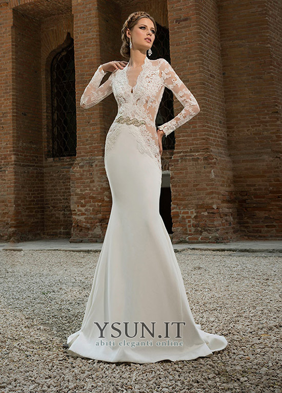 Abito Da Sposa Naturale Quanto Pizzo Maniche Lunghe Sirena V Scollo Www Ysun It